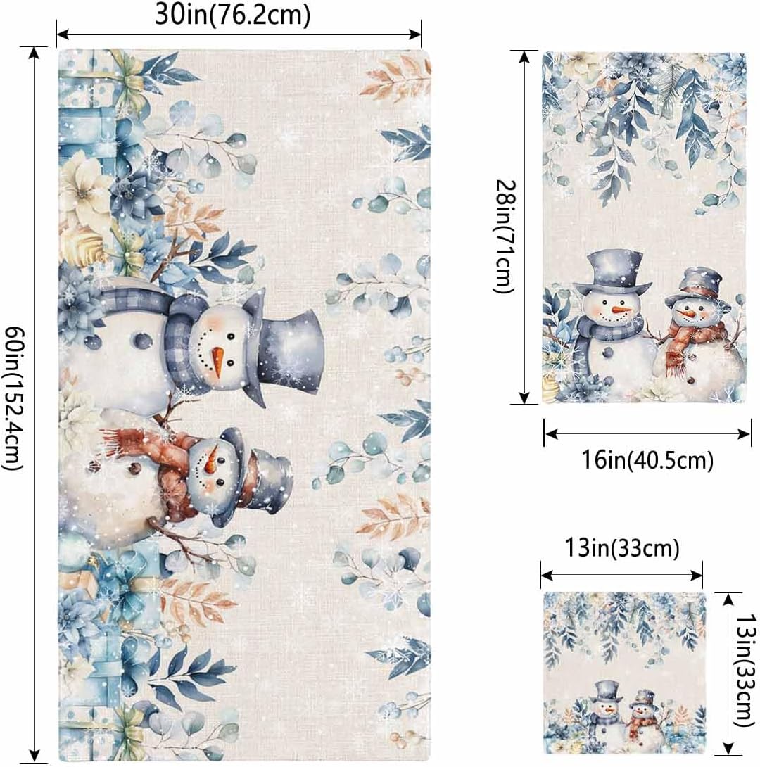 Christmas Bath towels Set of 3 - Blue Snowman Holly Eucalyptus Linen