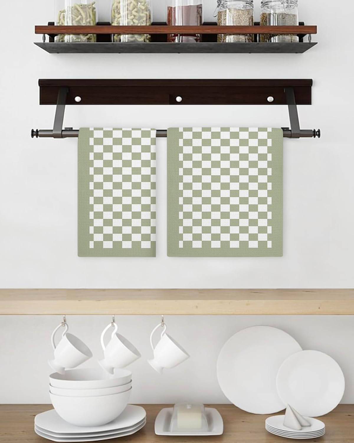Falaniique Sage Green Plaid Waffle Towel Set of 2 1