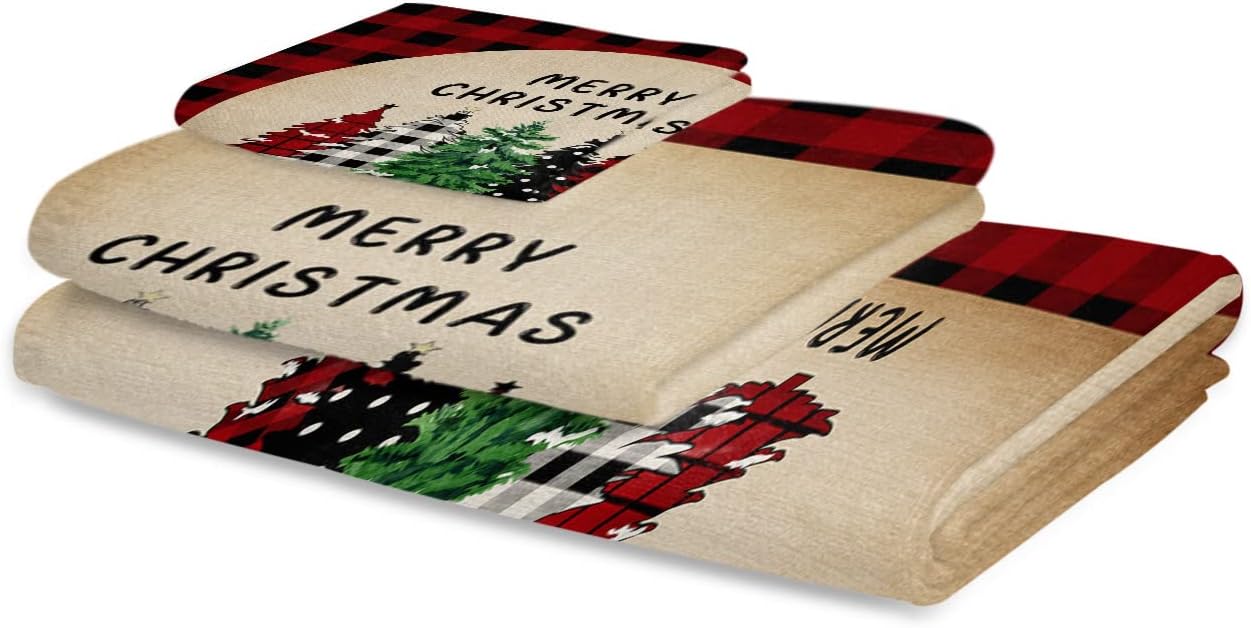 Christmas Bath Towels Set of 3 - Plaid Xmas Tree Red Buffalo Linen