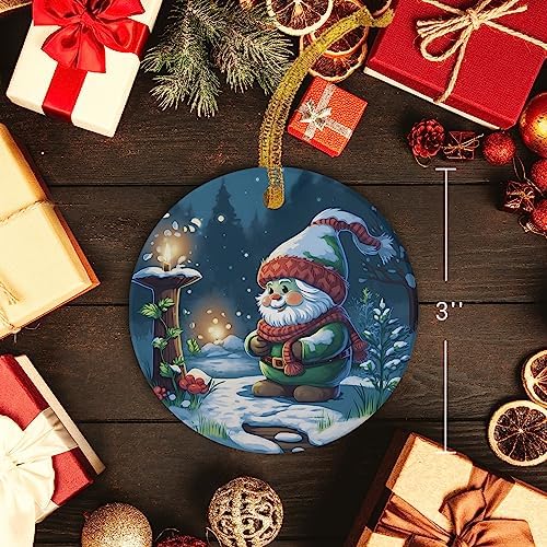 Christmas Santa Gnome Ceramic Ornament with Gold Ribbon