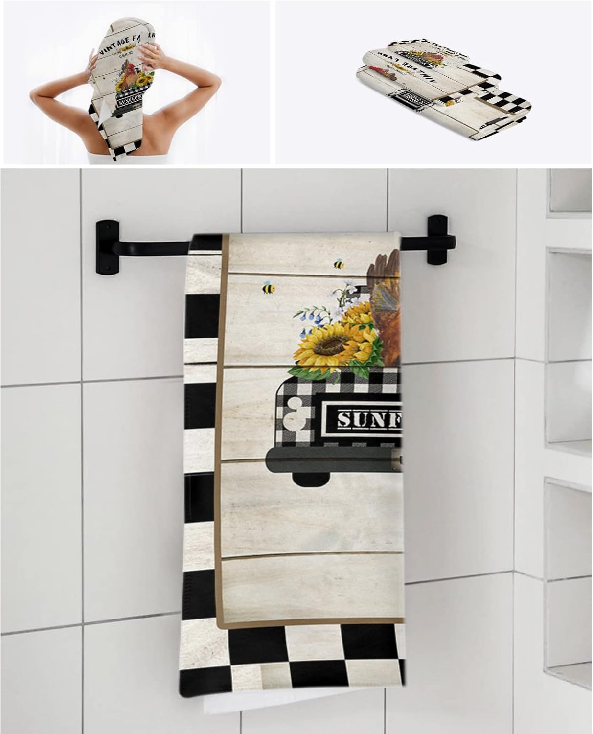 Shine-Home Plaid White Black Border Bath Towel Set