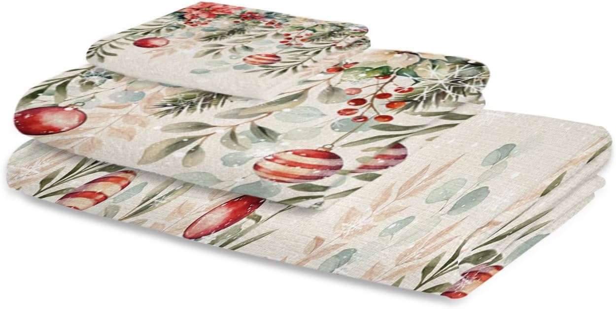 Christmas Bath Towels Set of 3 - Poinsettia Holly Eucalyptus Decor