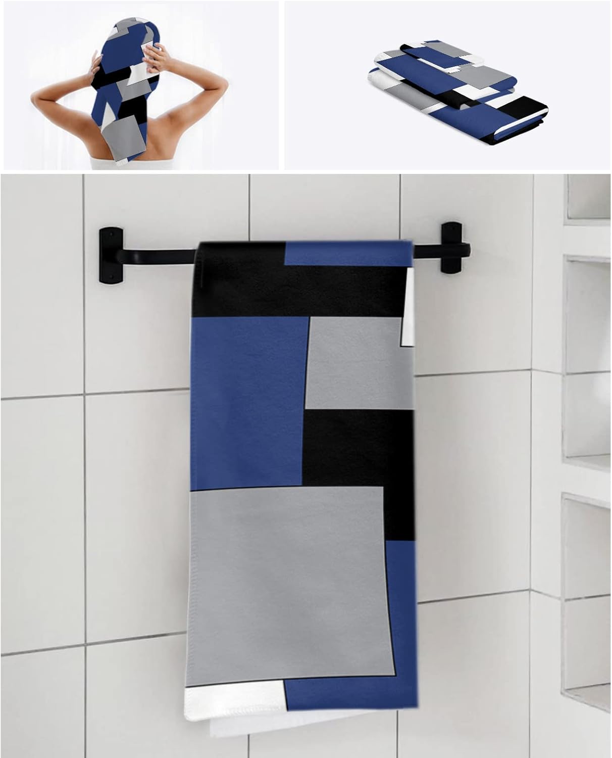 Shine-Home Navy Blue Black Microfiber Towel Set 1