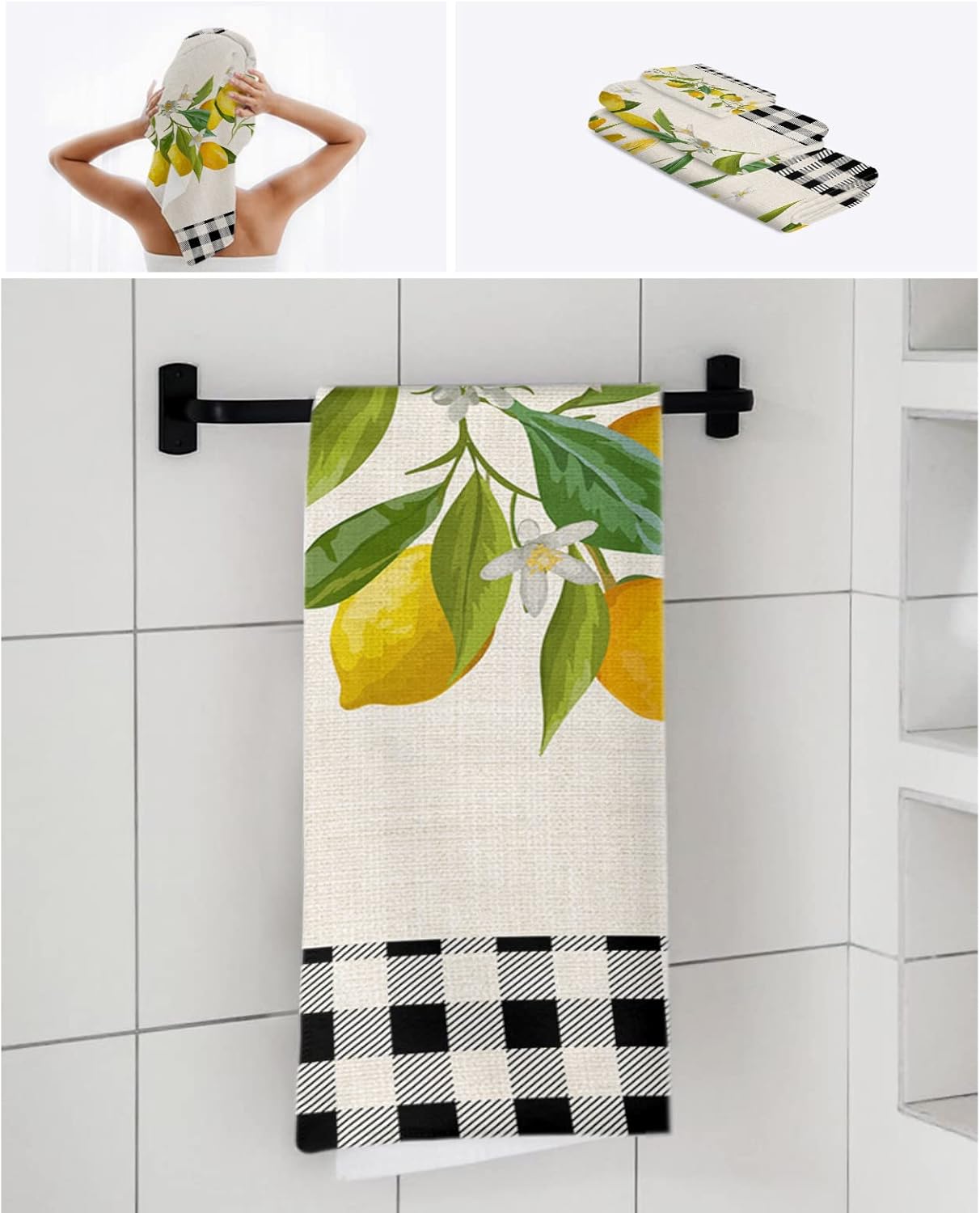 Smile Sunflower 3 Pcs Bath Towel Set - Soft Black Plaid Lemon Linen