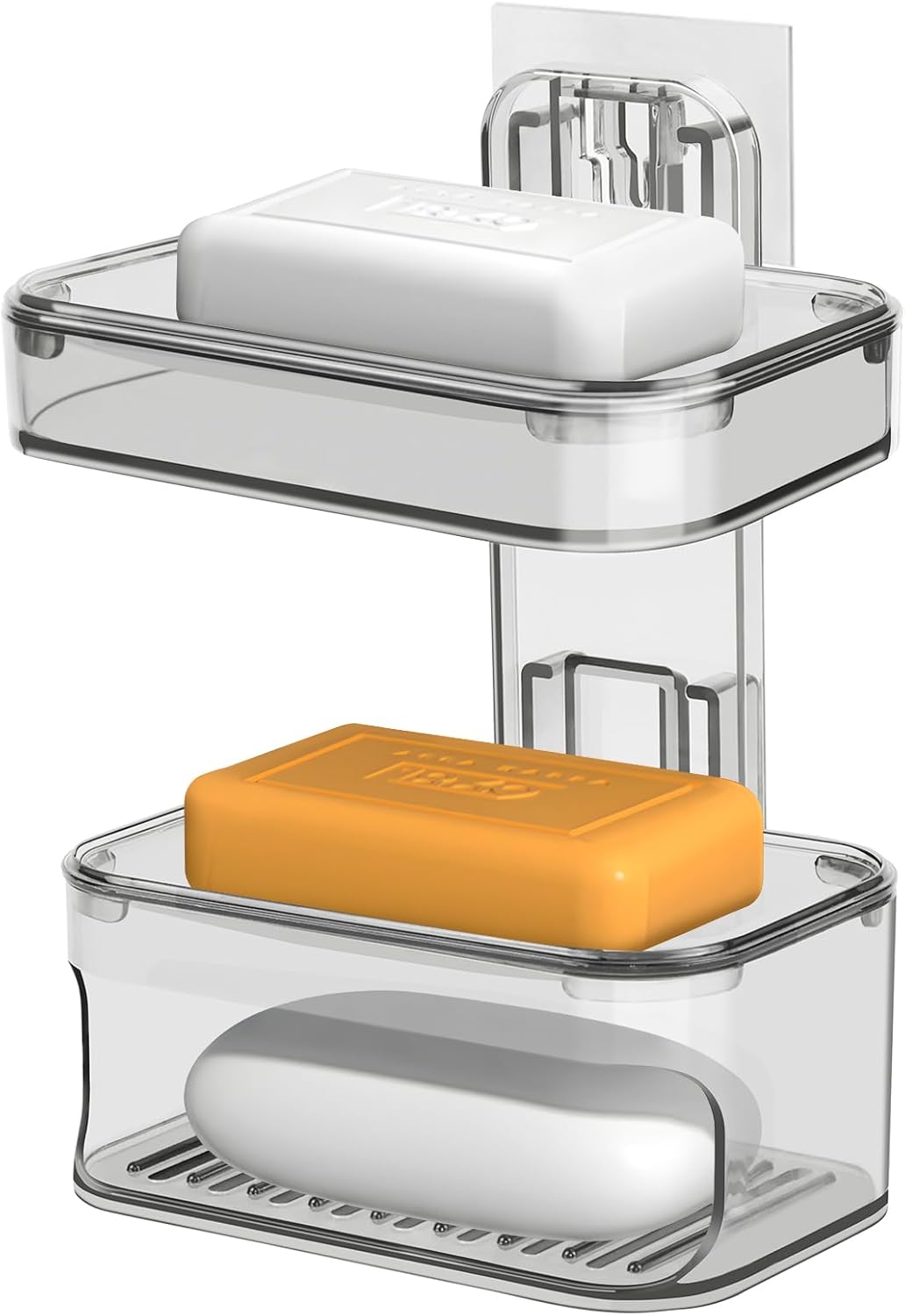 Double Layer Soap Dish Wall Mounted Transparent Gray Holder with Drainage
