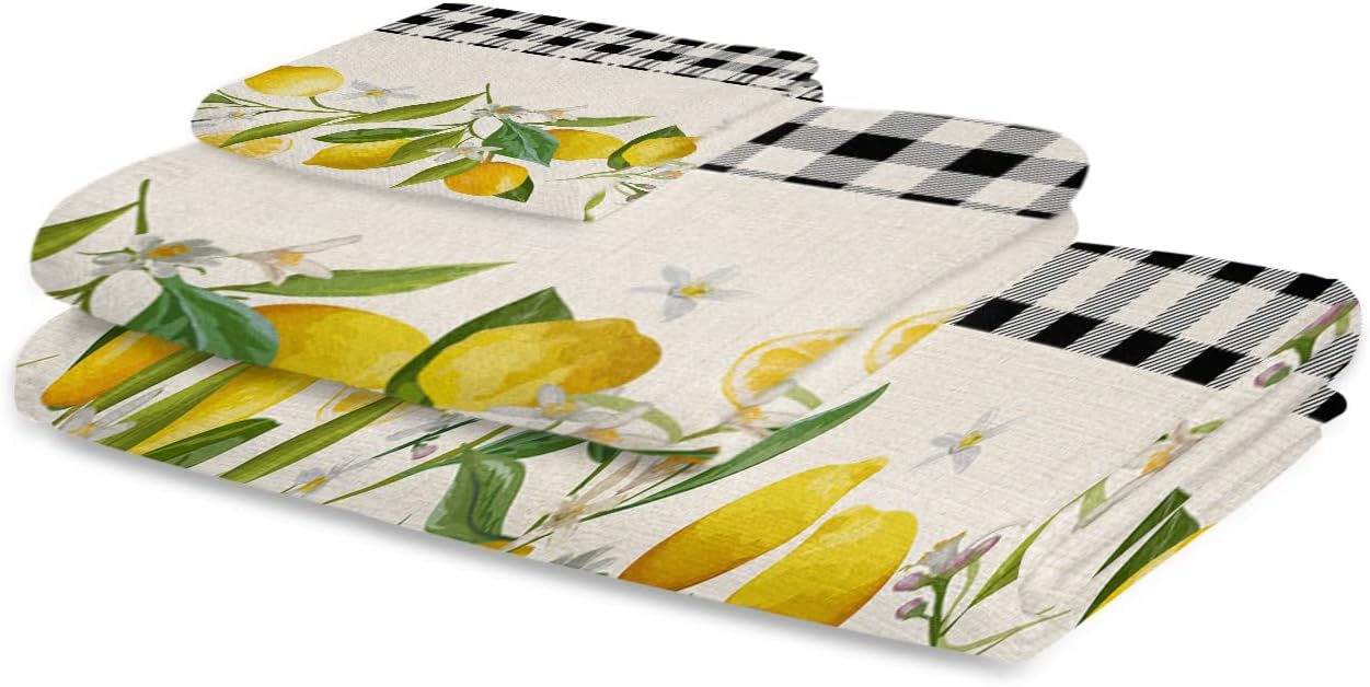 Smile Sunflower 3 Pcs Bath Towel Set - Soft Black Plaid Lemon Linen
