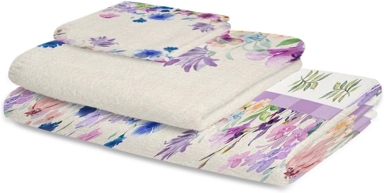 Smile Sunflower 3 Pcs Bath Towels Set Spring Purple Blue Flowers Linen