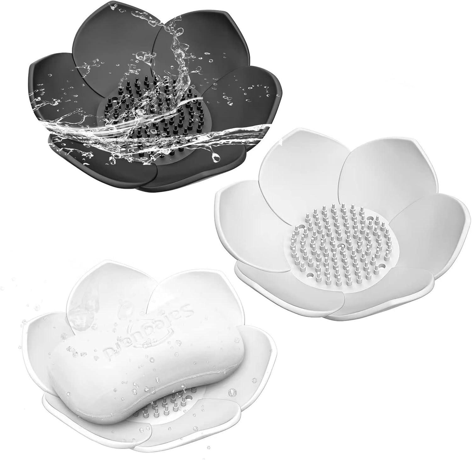 Hsmanchry 3 Pack Silicone Soap Dish Non-Slip Self-Draining Black White Gray