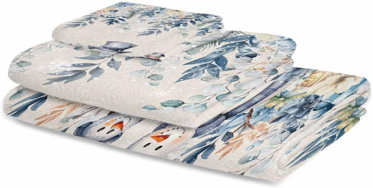 Christmas Bath towels Set of 3 - Blue Snowman Holly Eucalyptus Linen