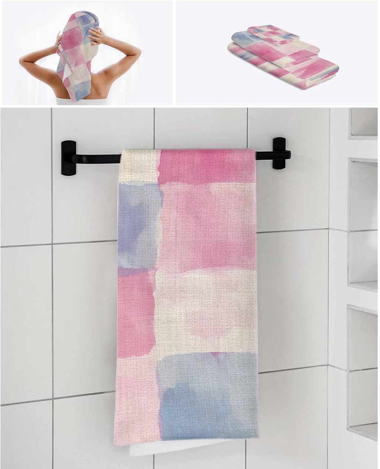 Shine-Home Pink Blue Plaid Towel Set 3pcs