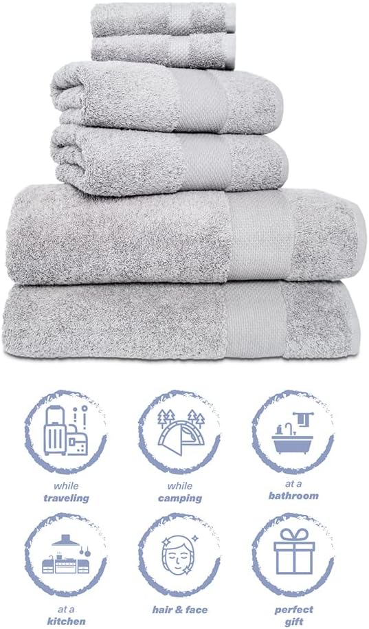 Hencely 6-Piece Bath Towel Set - Soft Turkish Cotton Silver