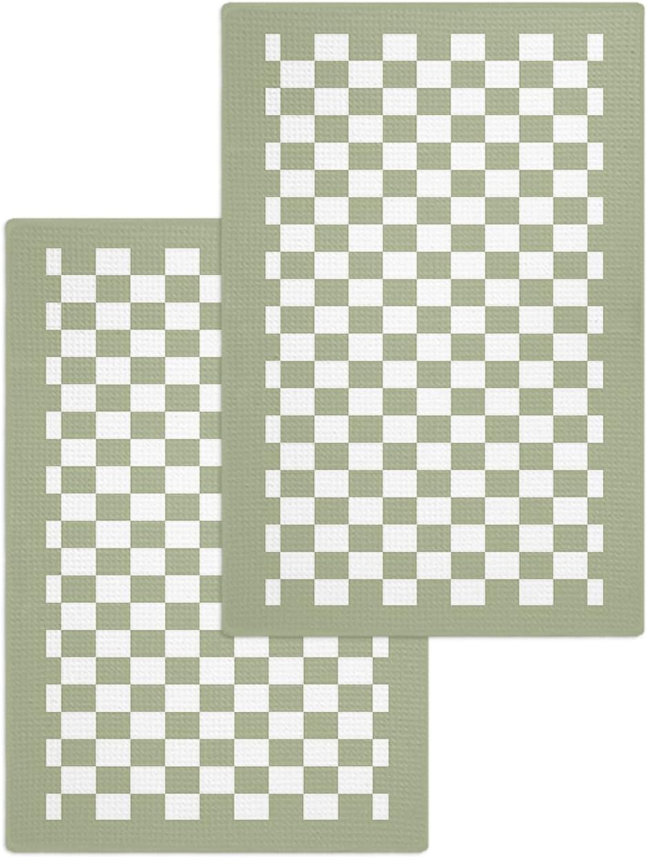 Falaniique Sage Green Plaid Waffle Towel Set of 2 1