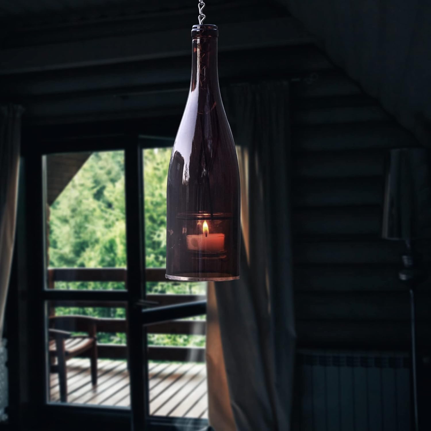 Hanging Wine Bottle Lantern - Green 1pc
