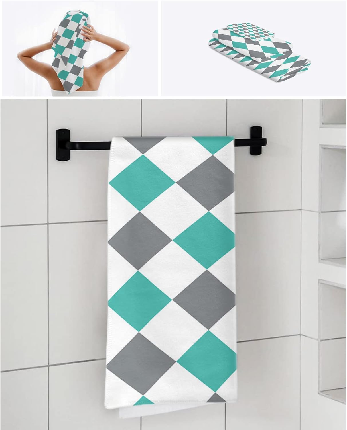 Summer Teal Green Grey Diamond Lattice Abstract Towel Set for Bathroom