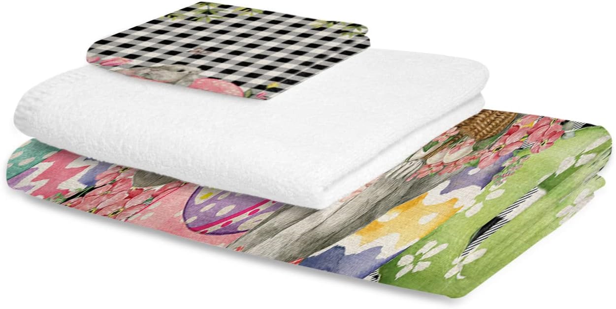 ZOE GARDEN Easter Egg Towel Set with Bunny Buffalo Plaid Check Design