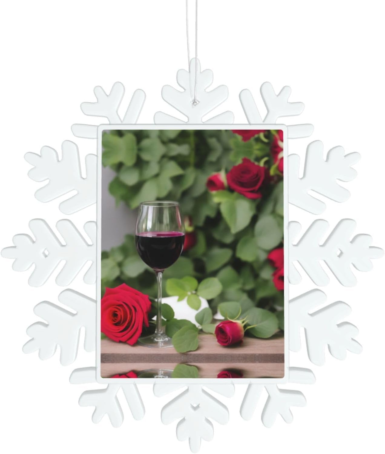 Snowflake Christmas Tree Pendants with Red Rose Wine Print
