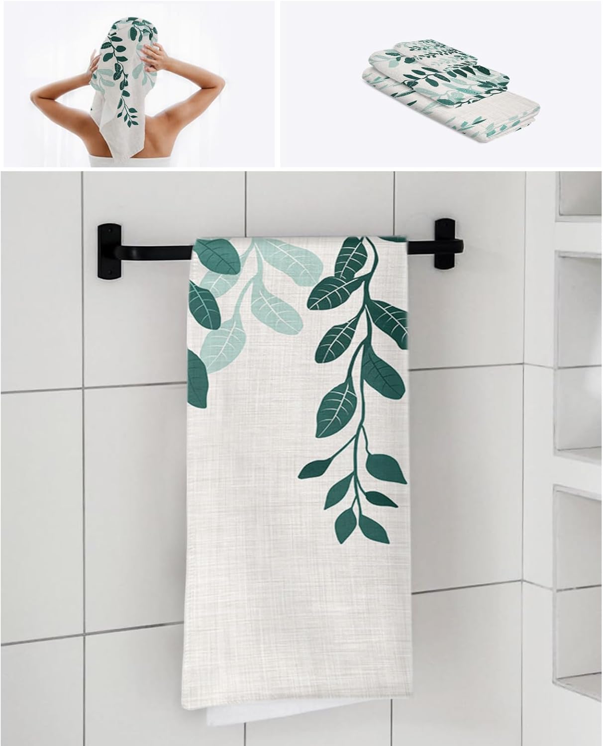 Smile Sunflower 3 Pc Bath Towel Set - Plant Leaves Green Gradient Linen Texture