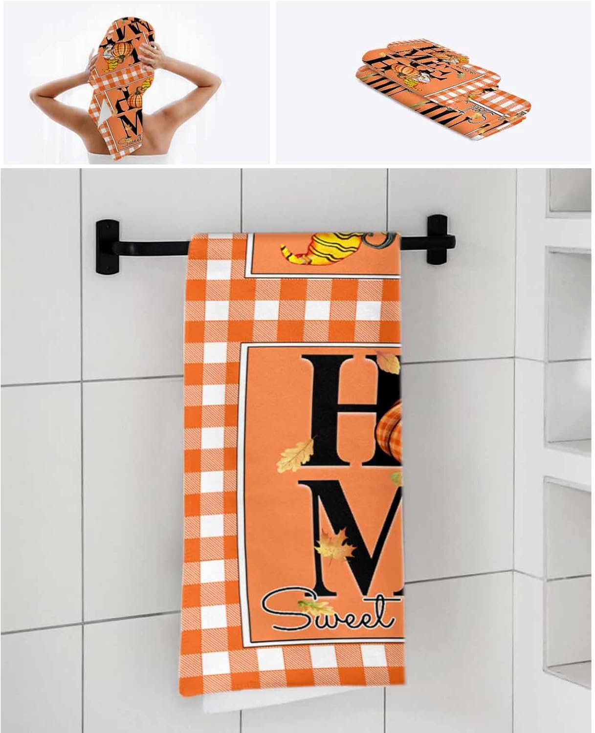 Double Love Orange Thanksgiving Towel Set - Plaid Design 3 Piece Microfiber Bath Towels