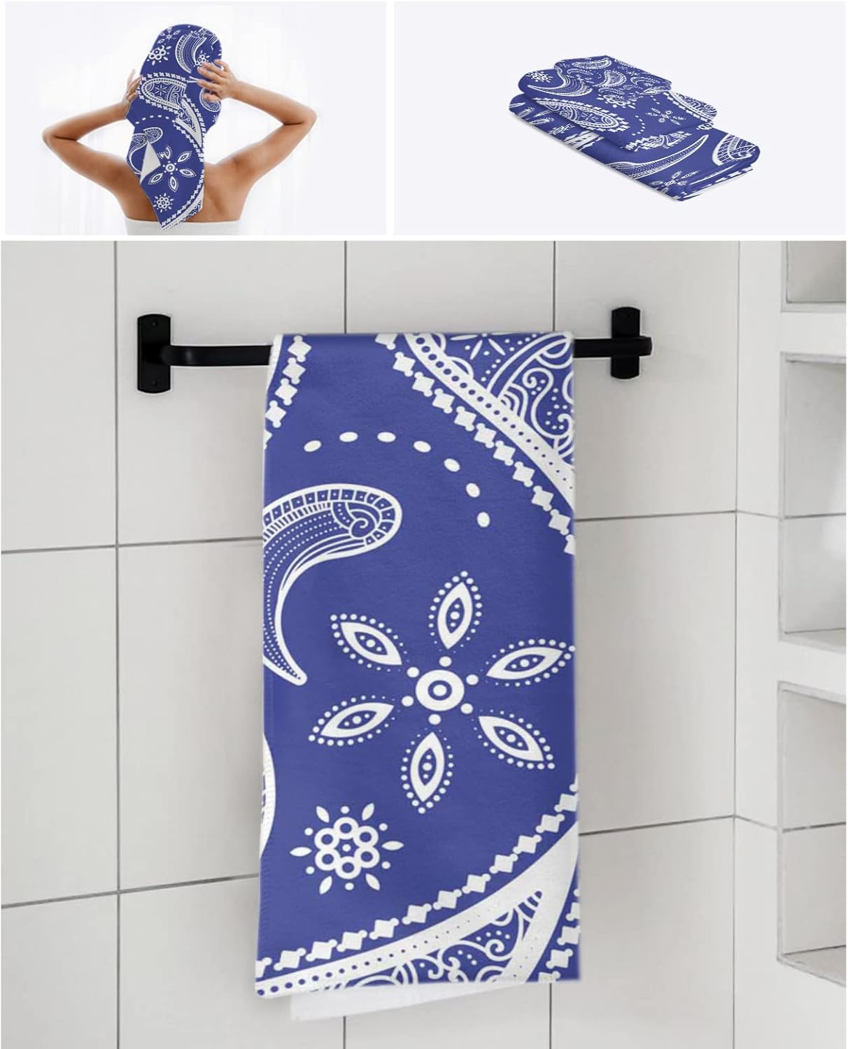 Shine-Home Blue Microfiber Towel Set with Paisley Design