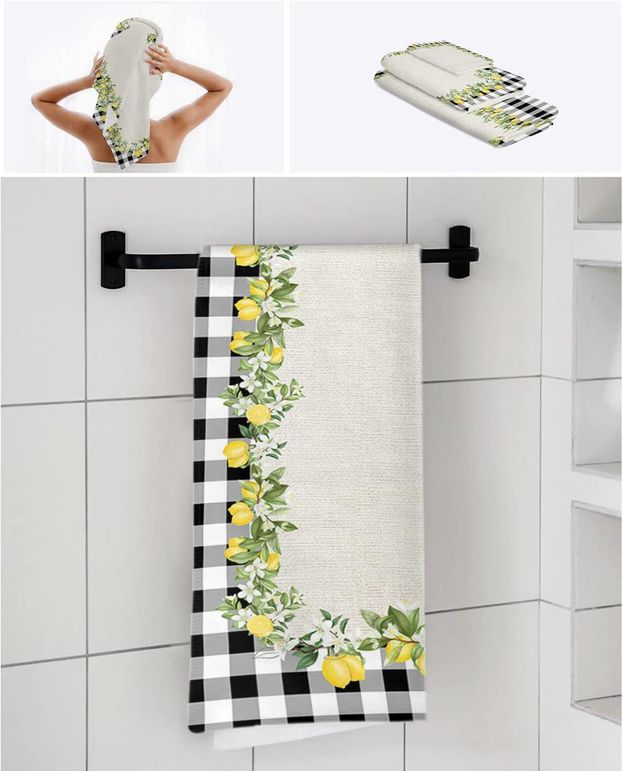 IDOWMAT Soft 3-Piece Towel Set - Geometric Plaid Bath Towels