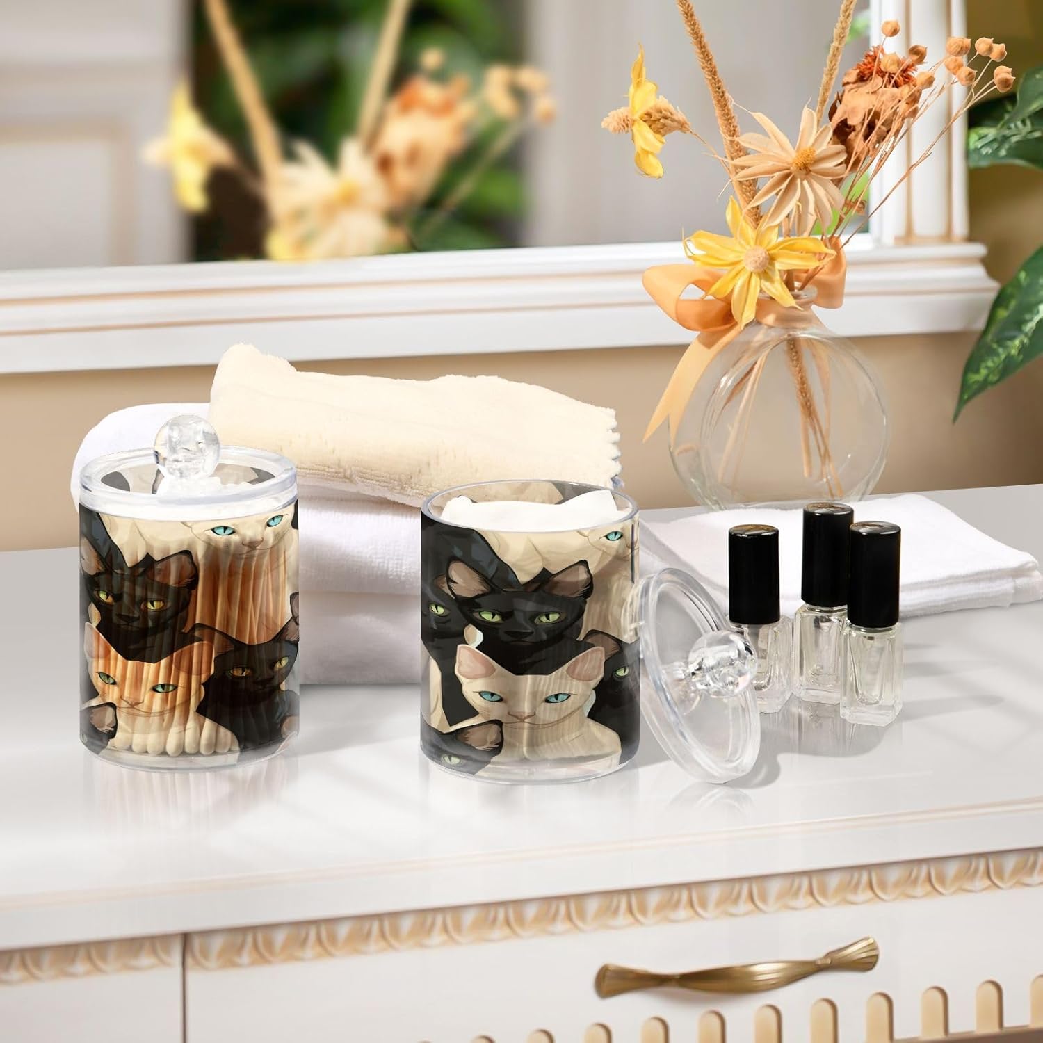 YETTASBIN Cat Clear Storage Jars 2 Pack for Bathroom Vanity Organization
