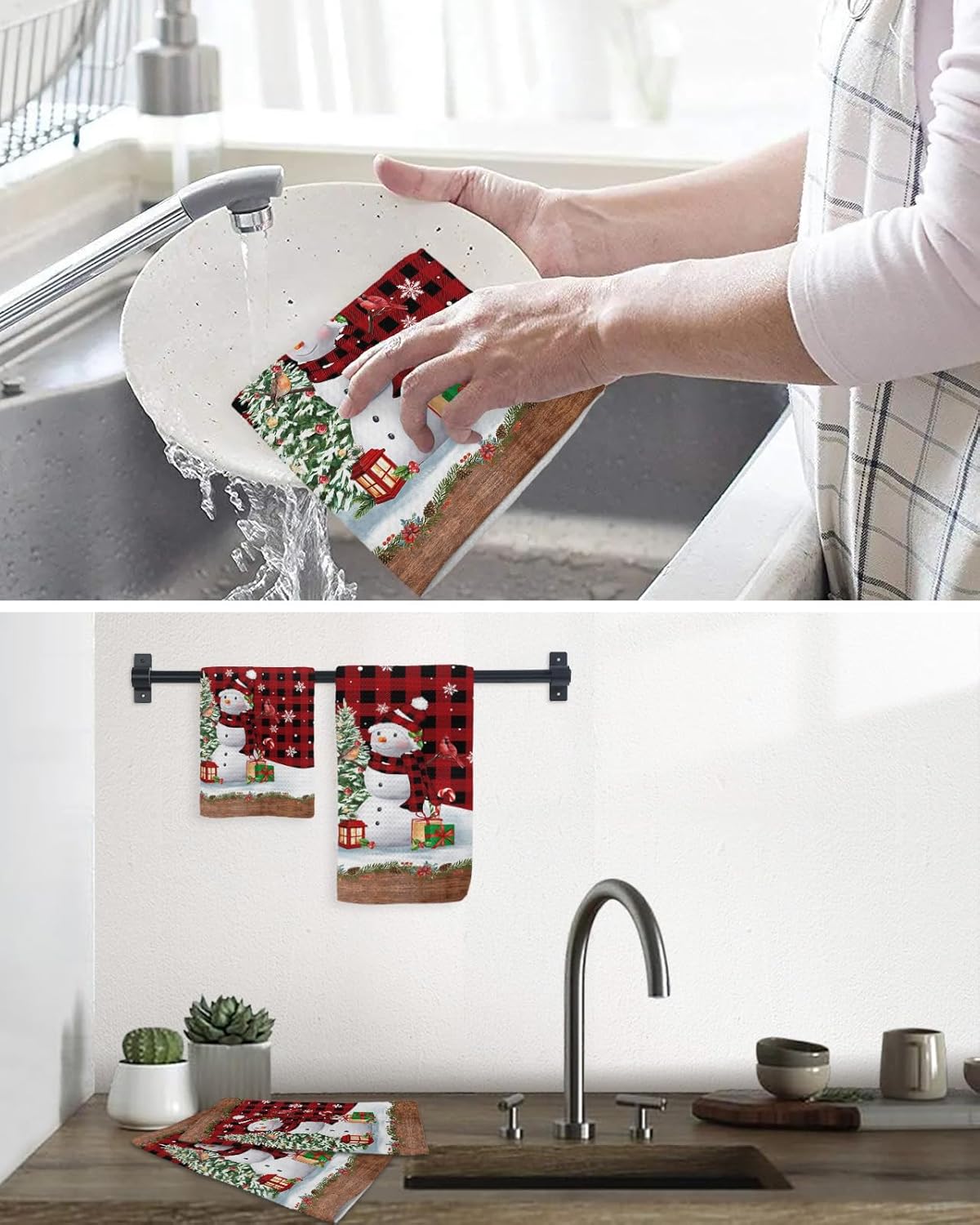 Falaniique Red Plaid Snowman Waffle Dish Towel Set of 2 1