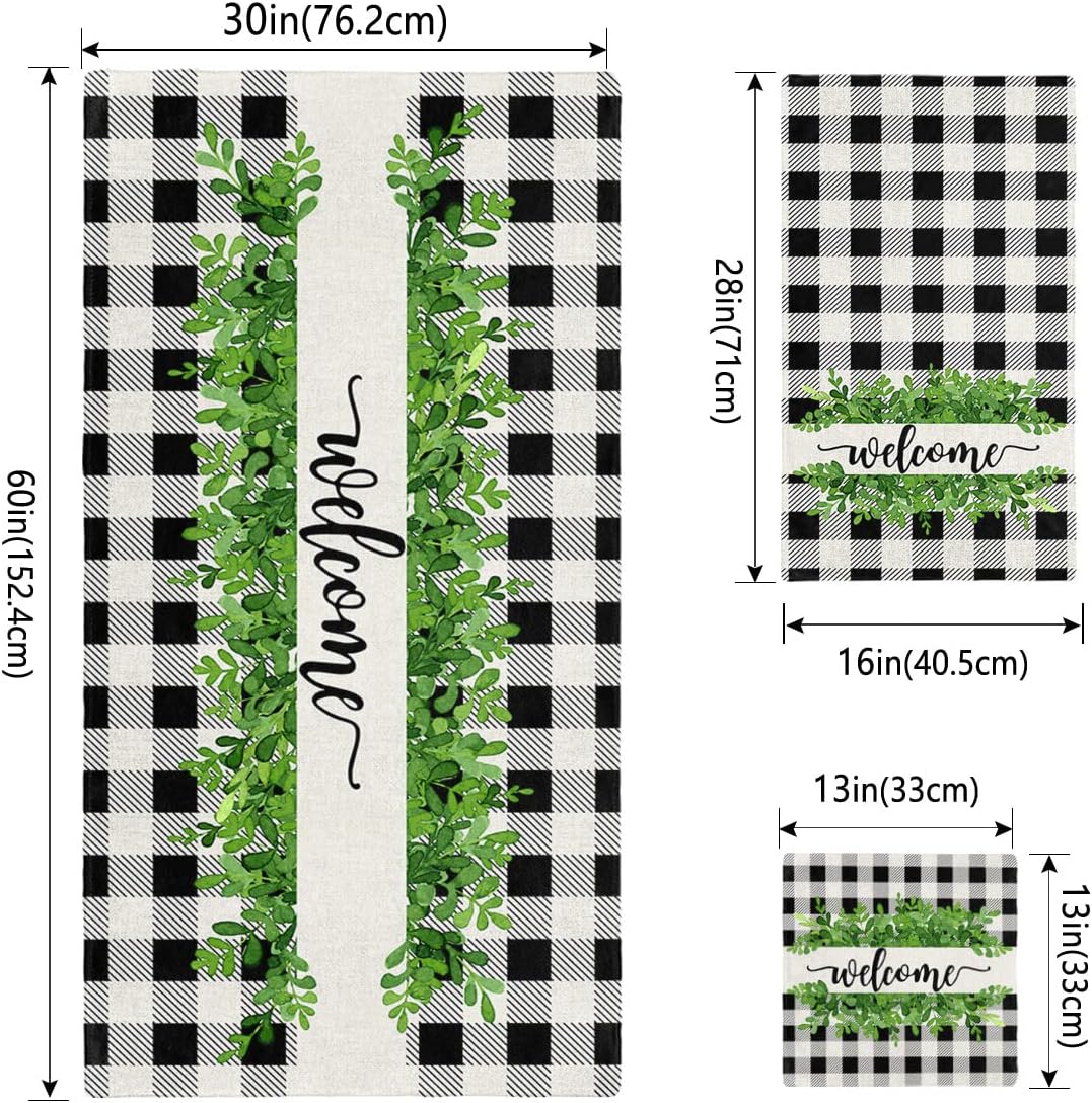 Chees D Zone Bath Towel Set with Green Leaves and Black Plaid Design