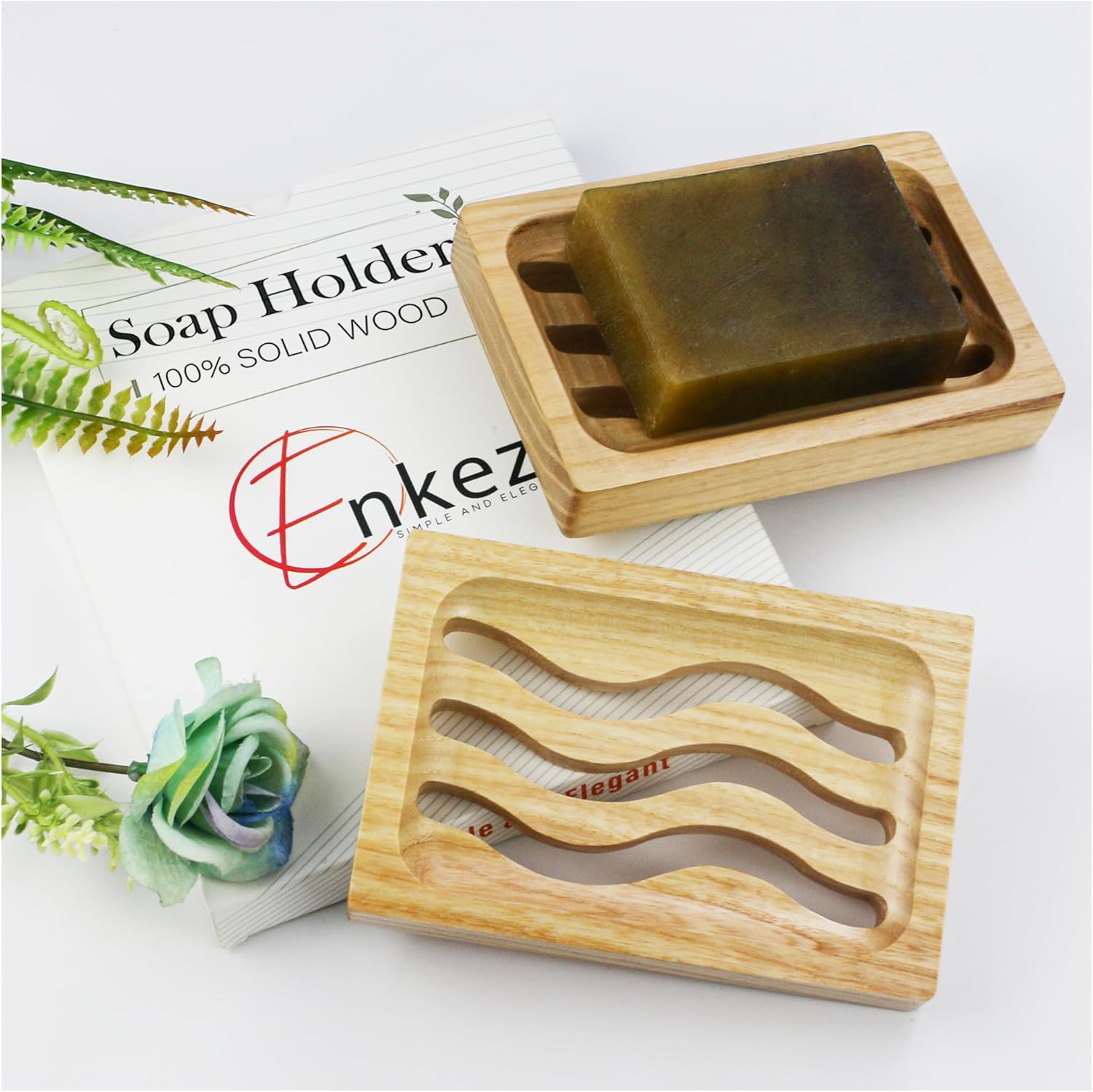 ENKEZI 2 Pack Wood Soap Dish - Waterproof Self Draining