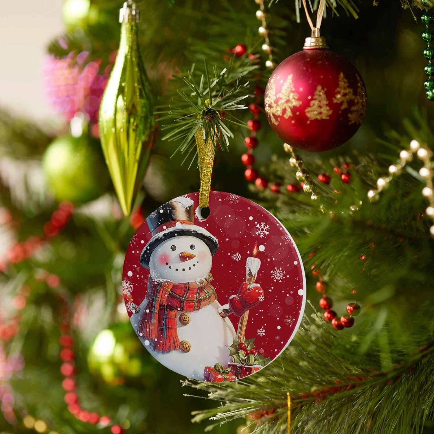 Christmas Snowman Candle Ornament with Gold Ribbon