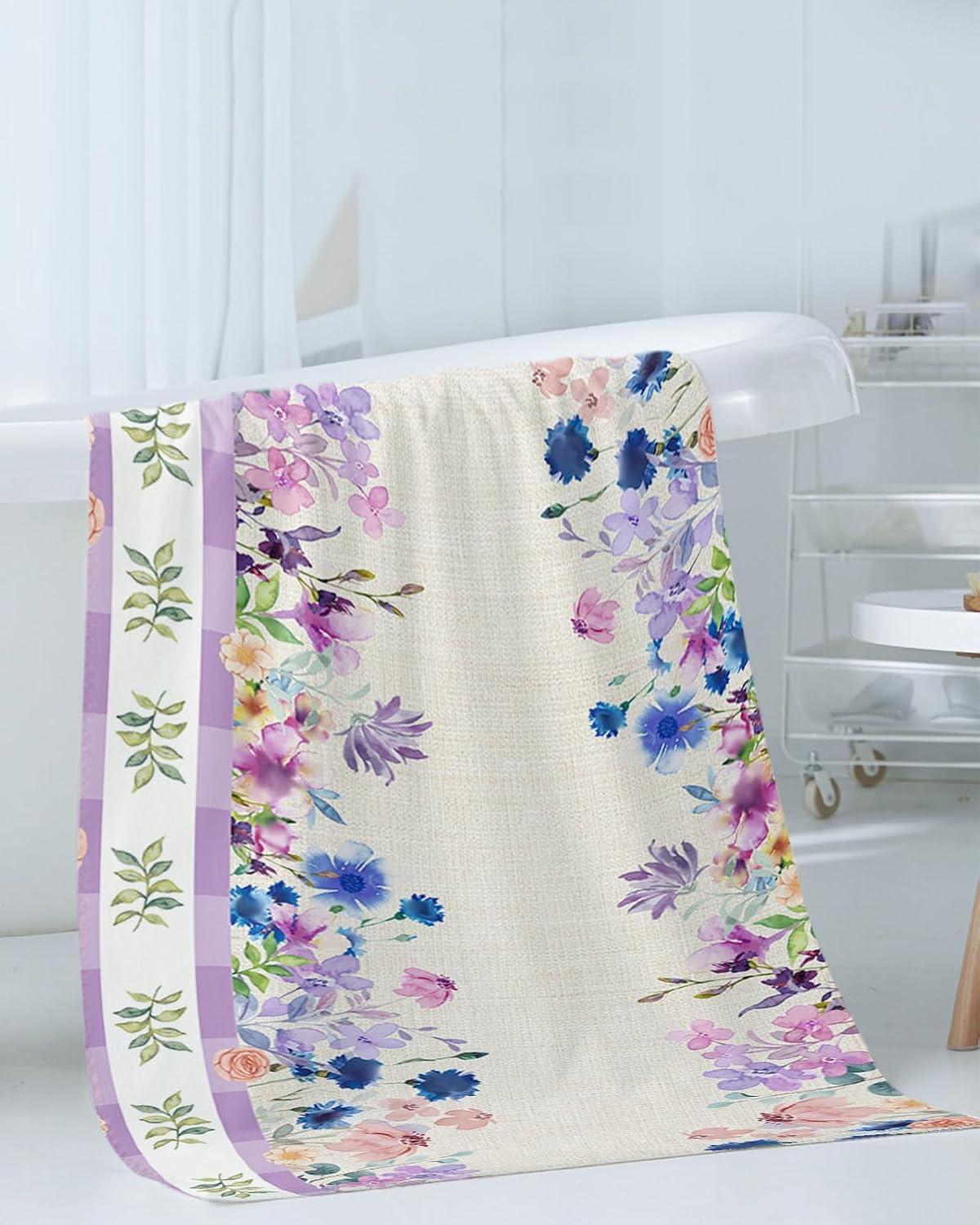 Smile Sunflower 3 Pcs Bath Towels Set Spring Purple Blue Flowers Linen