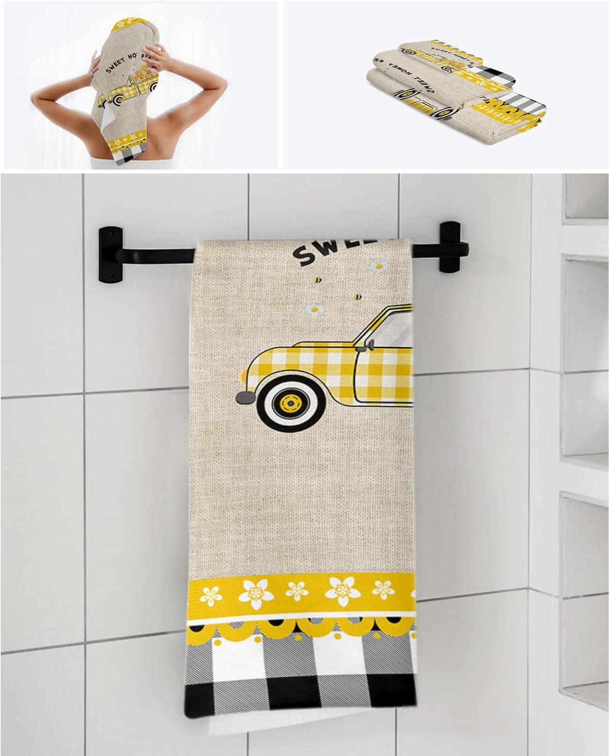 Chees D Zone Yellow Plaid Farm Truck Bath Towel Set