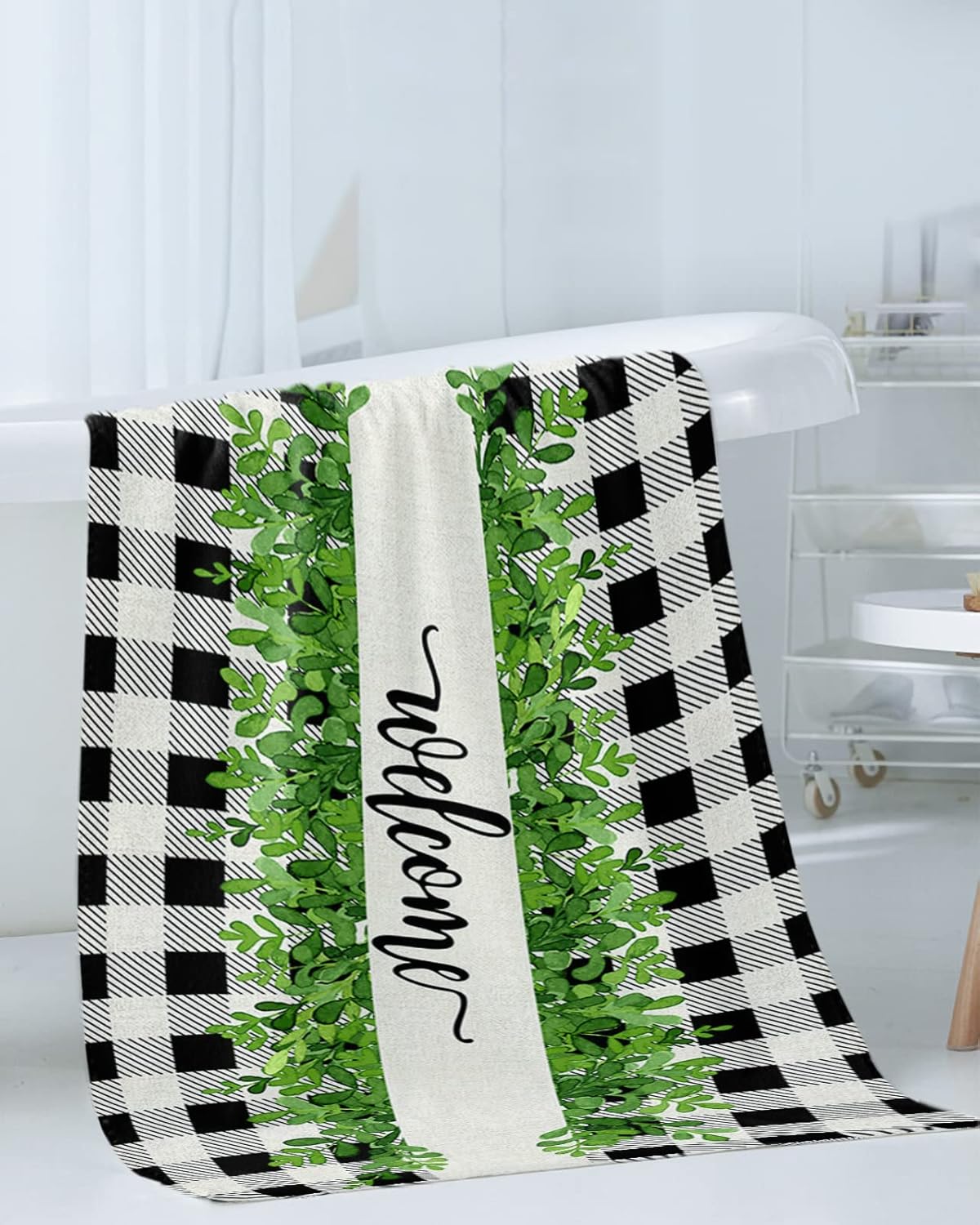 Chees D Zone Bath Towel Set with Green Leaves and Black Plaid Design