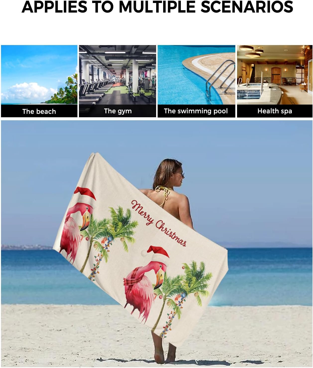 Christmas Bath Towel Set of 3 - Flamingo Coconut Tree Linen Texture