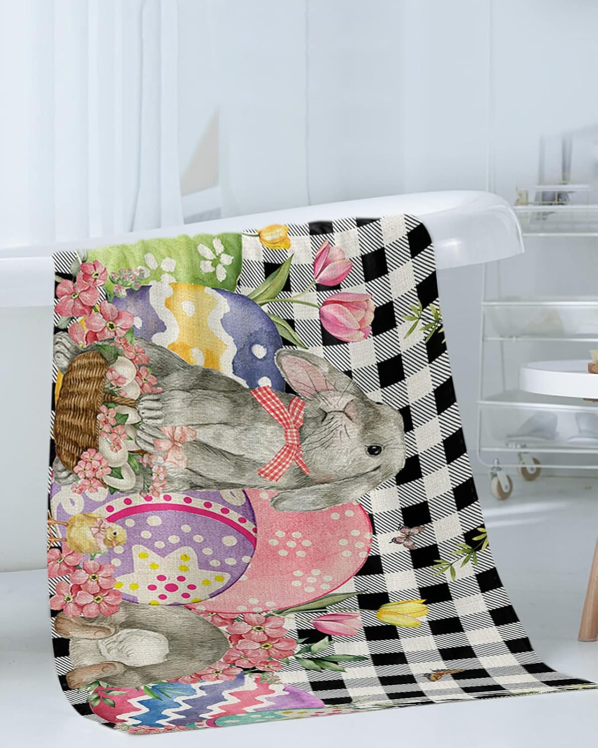 ZOE GARDEN Easter Egg Towel Set with Bunny Buffalo Plaid Check Design