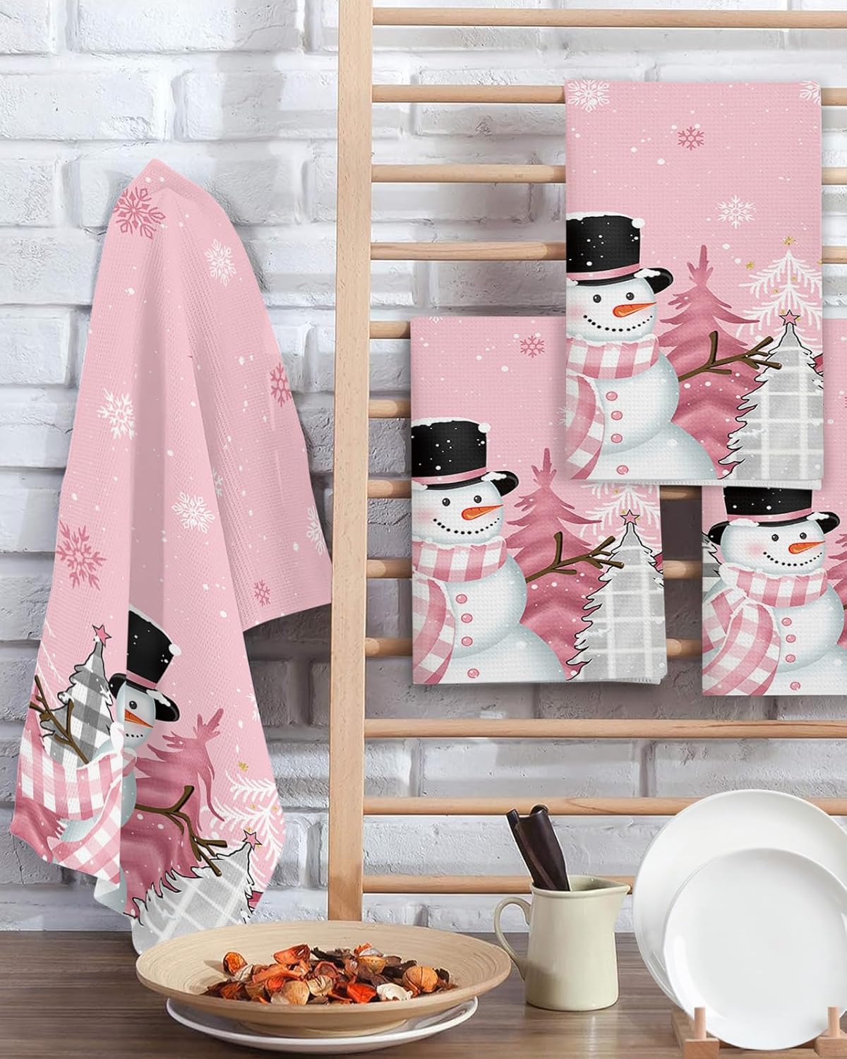 Falaniique Snowman Waffle Towel Set of 4 Blush Pink Tree Plaid Dot