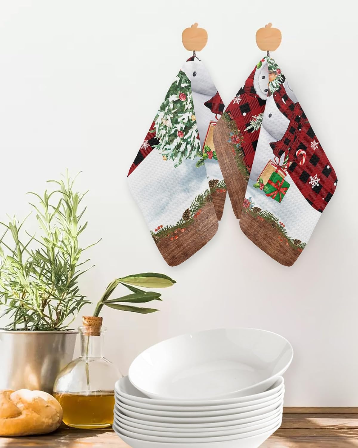 Falaniique Red Plaid Snowman Waffle Dish Towel Set of 2 1