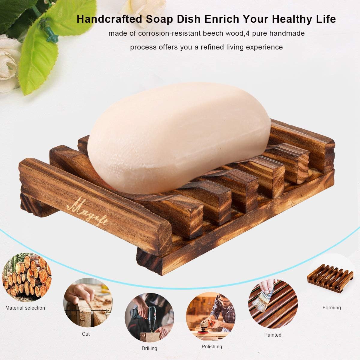 Magift Wooden Soap Dish with Slanted Drainage Design