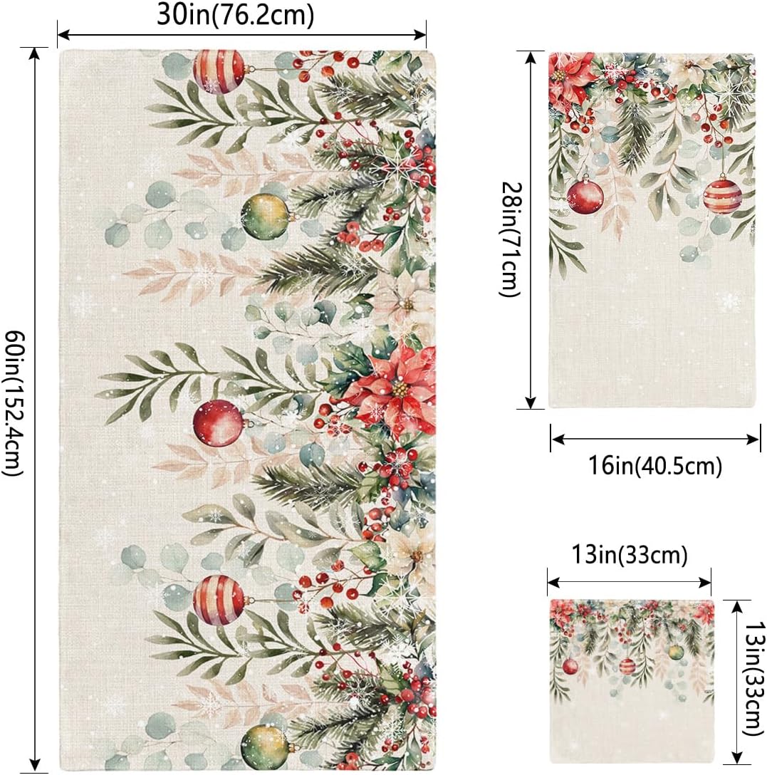 Christmas Bath Towels Set of 3 - Poinsettia Holly Eucalyptus Decor