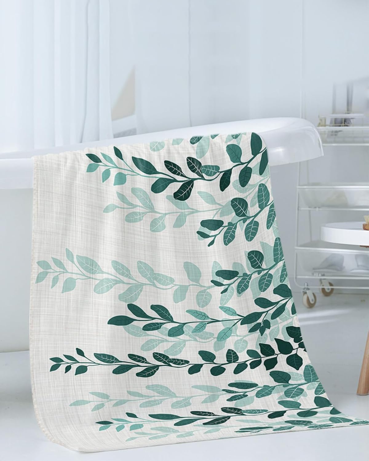 Smile Sunflower 3 Pc Bath Towel Set - Plant Leaves Green Gradient Linen Texture