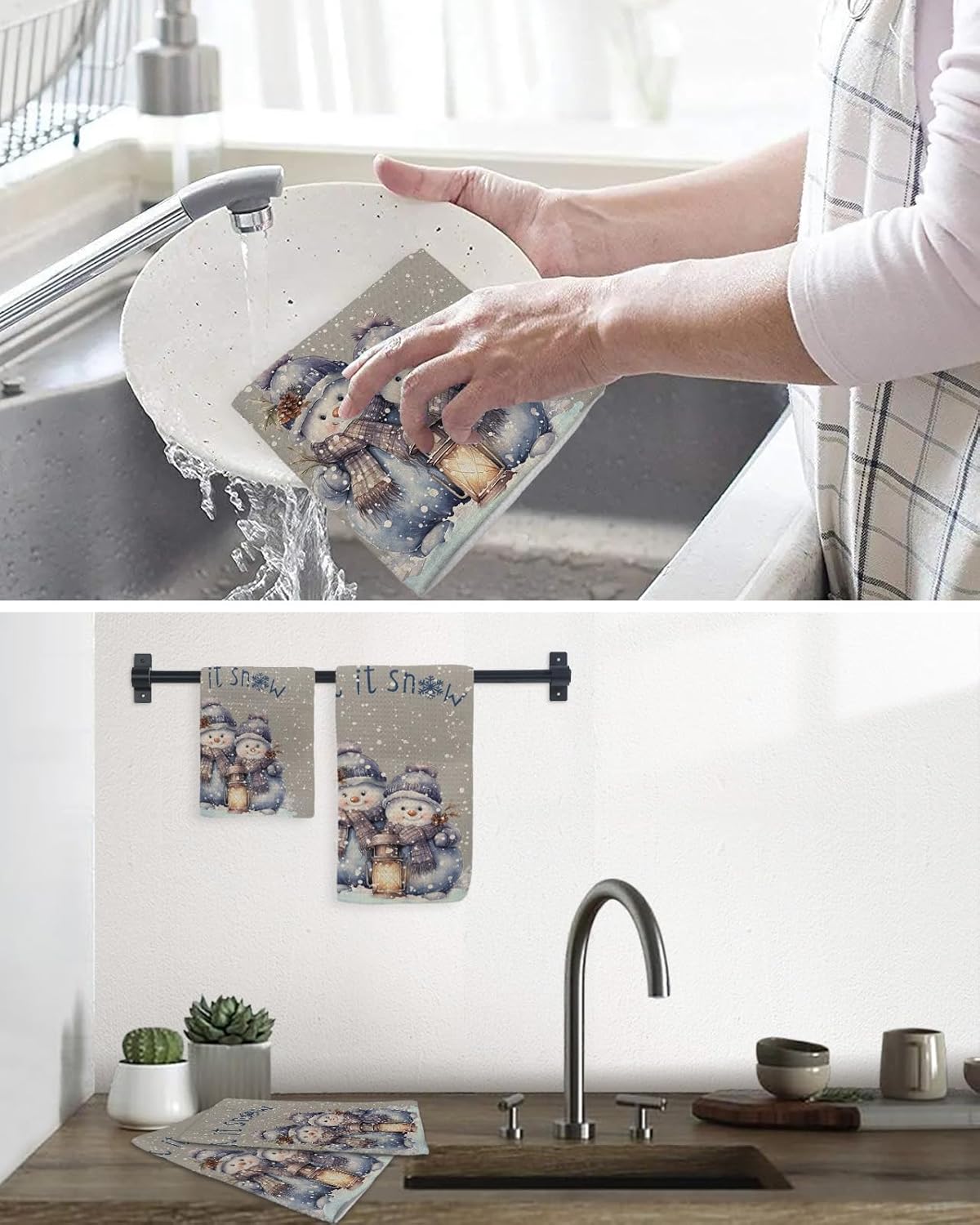 Falaniique Grey Snowman Waffle Dish Towels Set of 2