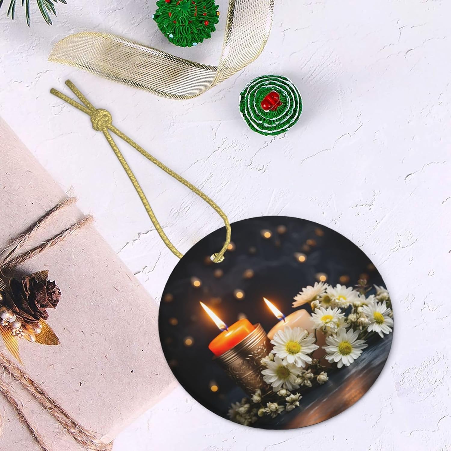 ProxXi Stones with Candles Daisy Print Round Christmas Tree Ceramic Hanging Accessories