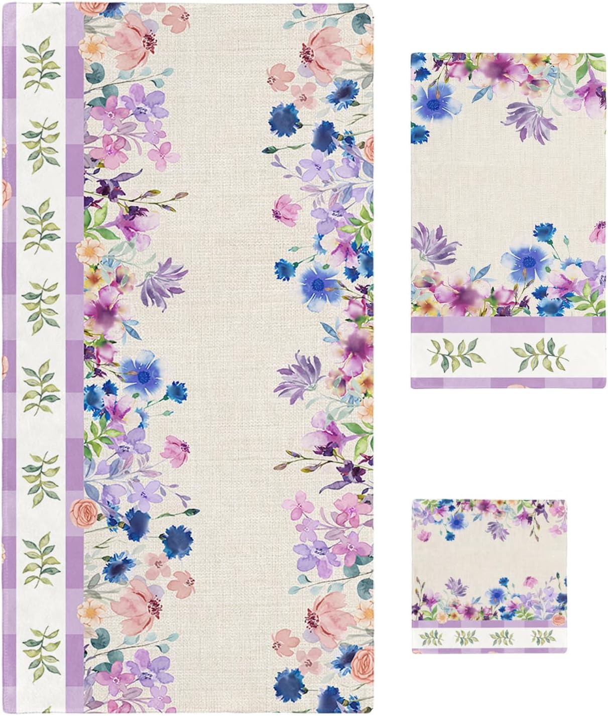 Smile Sunflower 3 Pcs Bath Towels Set Spring Purple Blue Flowers Linen