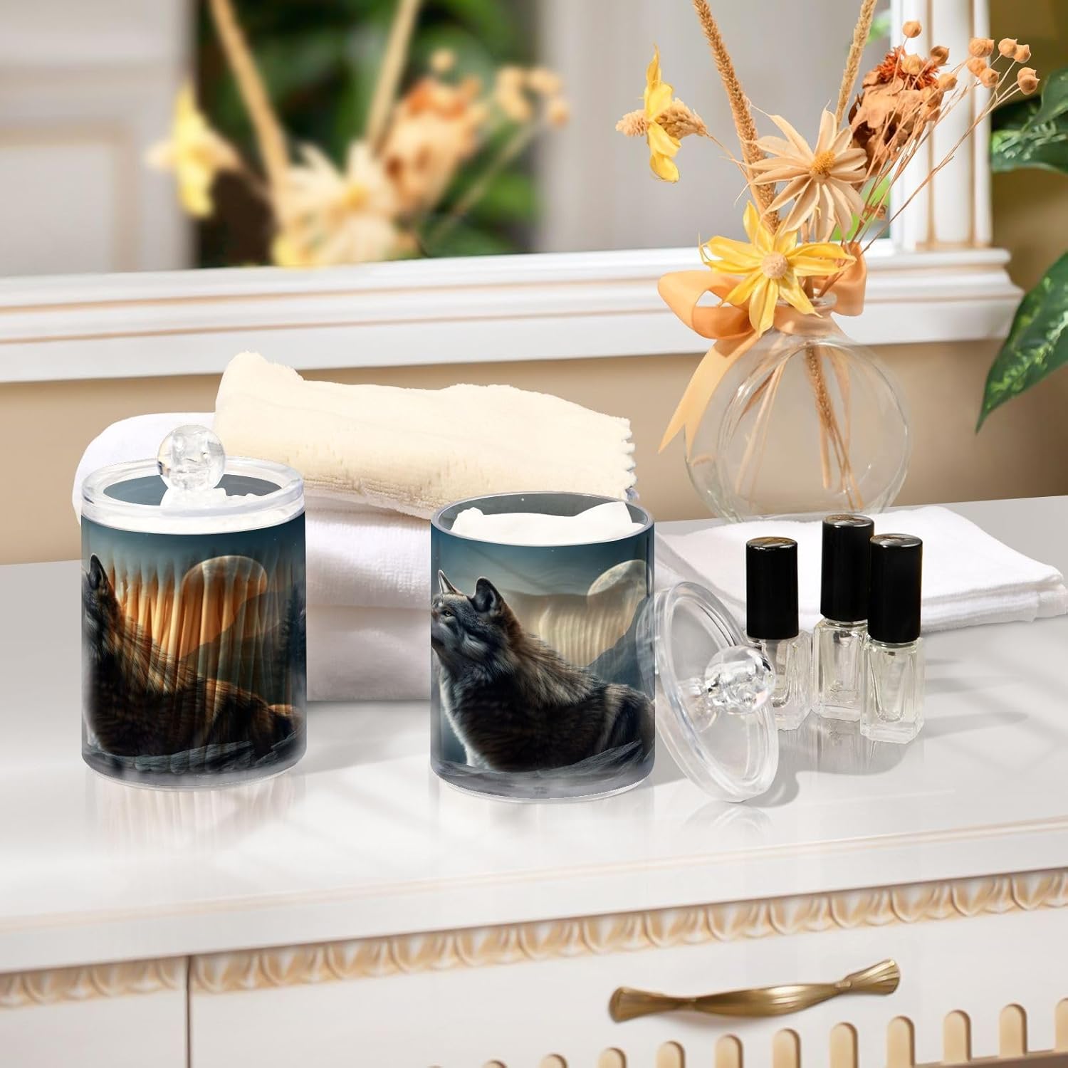 YETTASBIN Wolf Clear Jars 2 Pack 14 oz Cotton Swab Holder with Lid