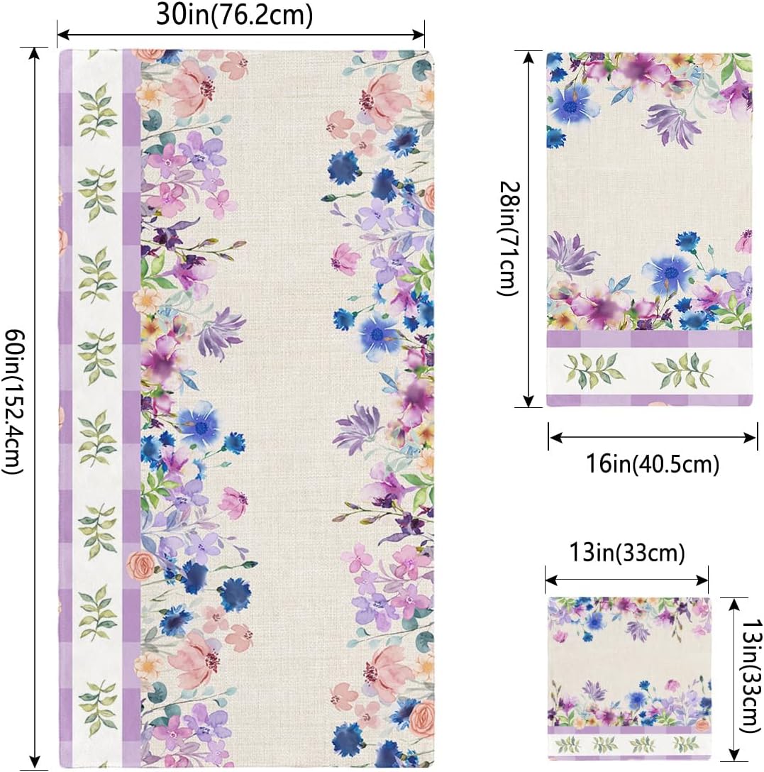 Smile Sunflower 3 Pcs Bath Towels Set Spring Purple Blue Flowers Linen