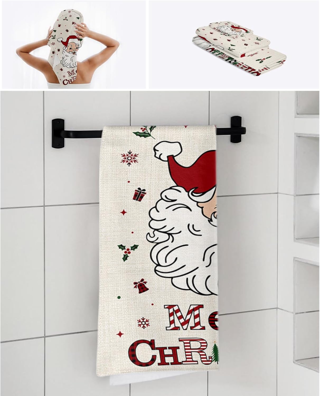 Christmas Bath Towels Set of 3 - Santa Pattern