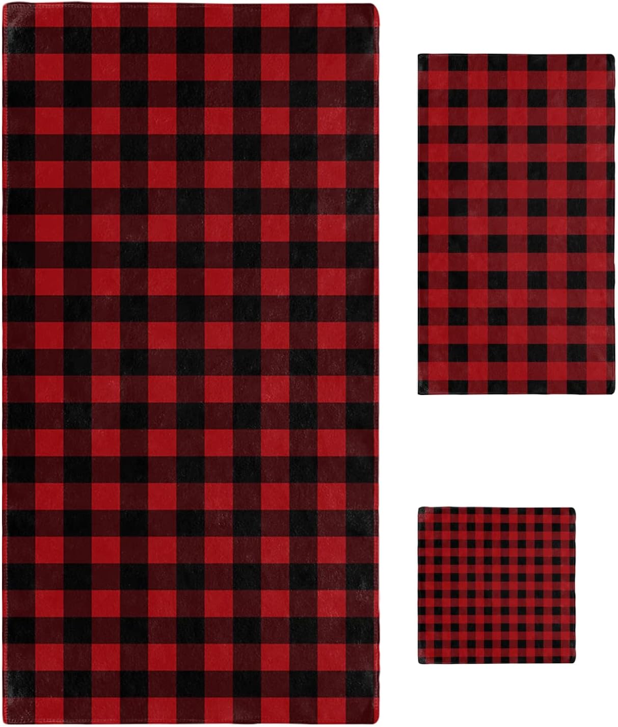 Black and Red Buffalo Check Towel Set 3pcs for Home Bathroom