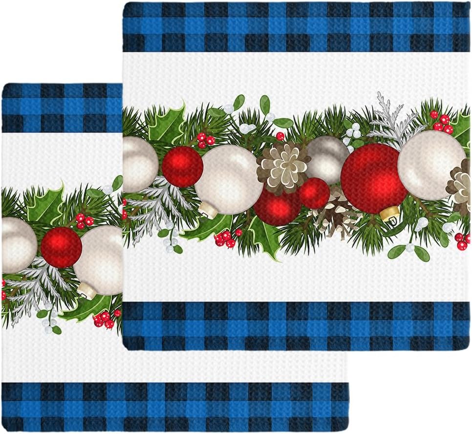 Falaniique Red Christmas Balls Waffle Towel Set of 2