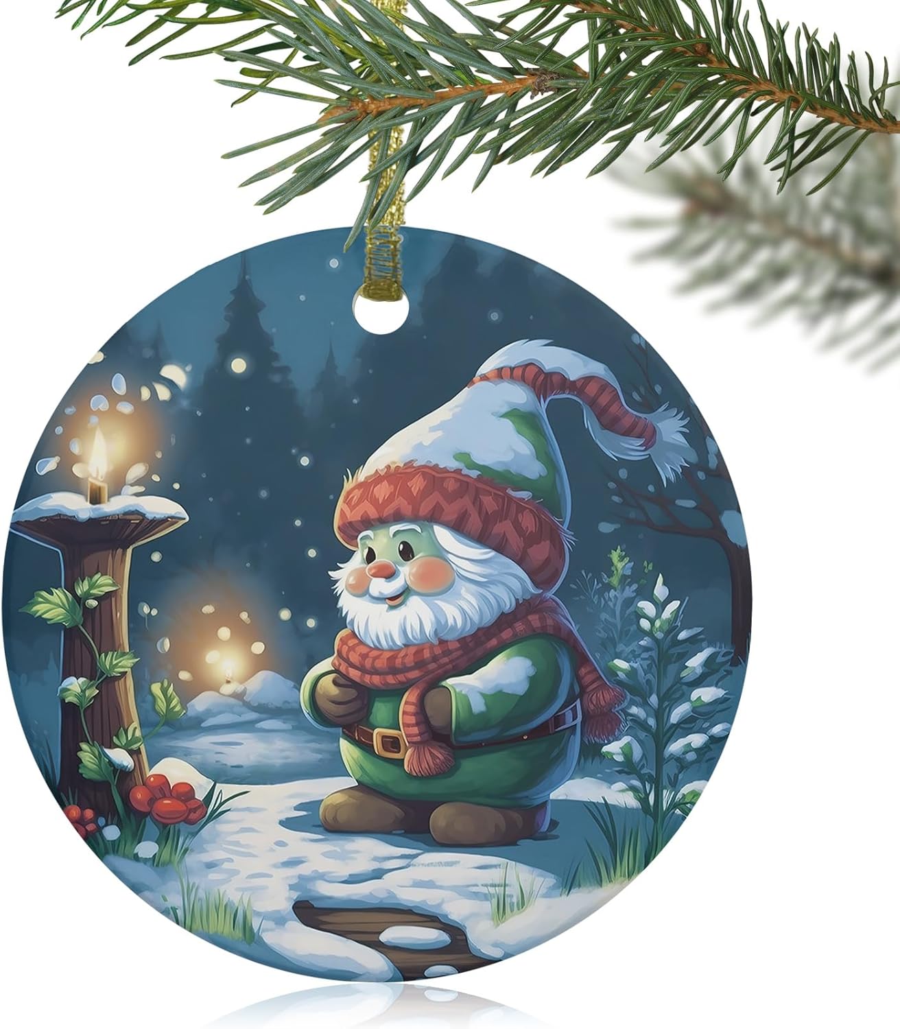 Christmas Santa Gnome Ceramic Ornament with Gold Ribbon