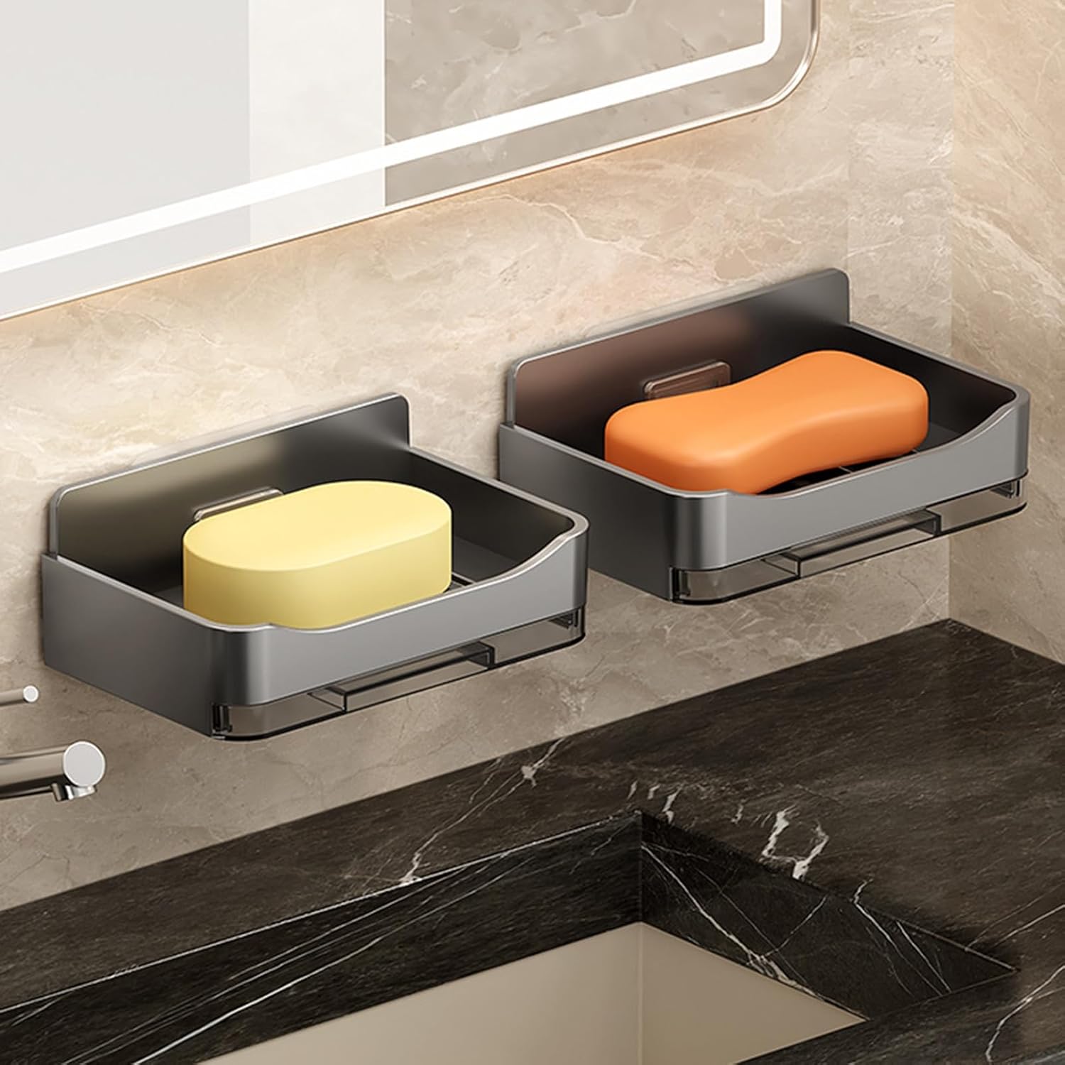 2Pcs Wall Mounted Soap Holder with Drip Tray and Hook