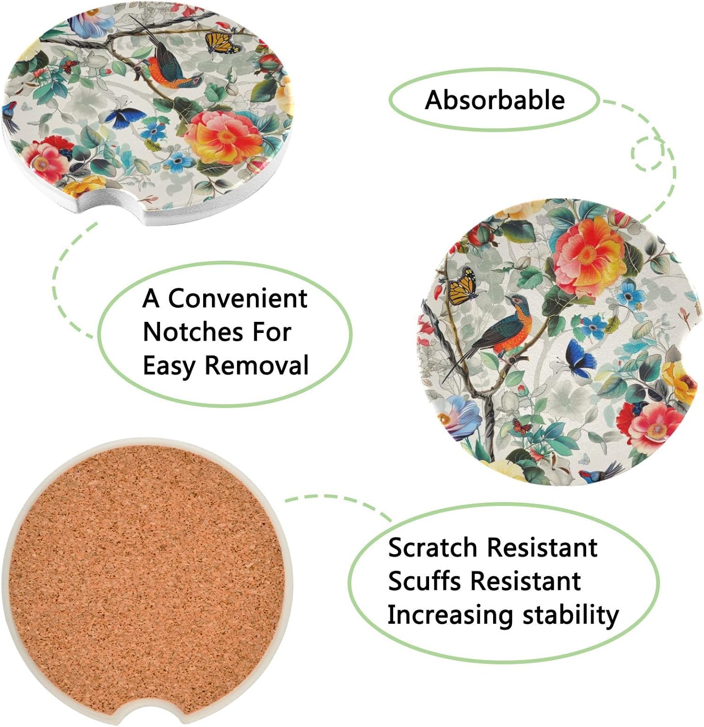 Takiito Garden Bird Flower Car Cup Holder Coasters 2 Pack
